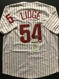Autographed/Signed BRAD LIDGE Philadelphia Pinstripe Baseball Jersey JSA COA