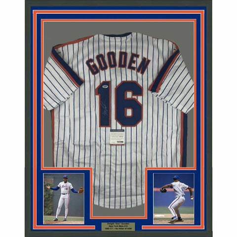 FRAMED Autographed/Signed DWIGHT DOC GOODEN 33x42 NY Pinstripe Jersey PSA COA