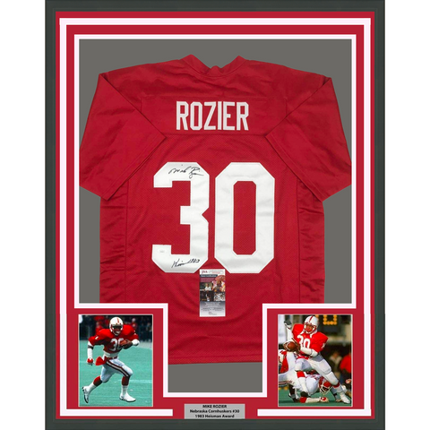 Framed Autographed/Signed Mike Rozier 33x42 Heisman 1983 Red Jersey JSA COA