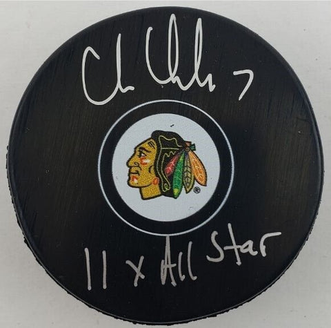 Chris Chelios Signed Blackhawks Logo Hockey Puck Inscibd 11x All-Star (Schwartz)