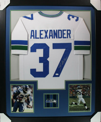 SHAUN ALEXANDER (Seahawks white TOWER) Signed Autographed Framed Jersey JSA