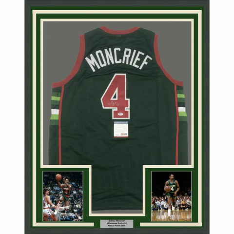 FRAMED Autographed/Signed SIDNEY MONCRIEF 33x42 Green/Red Jersey PSA/DNA COA