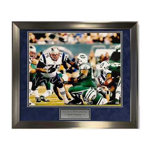 Vince Wilfork Signed Autographed Butt Fumble Photograph Framed to 20x24 NEP