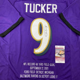Autographed/Signed Justin Tucker 66 Yard GW FG Stat Baltimore Jersey JSA COA