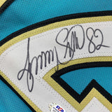 Framed Autographed/Signed Jimmy Smith 33x42 Teal Football Jersey PSA/DNA COA
