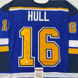 Autographed/Signed Brett Hull St. Louis Blue Yellow Numbers Jersey JSA COA