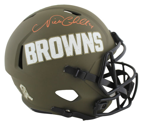 Browns Nick Chubb Signed Salute To Service Full Size Speed Rep Helmet BAS Wit