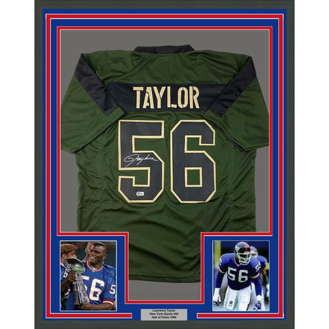 Framed Autographed/Signed Lawrence Taylor 33x42 New York Green Jersey BAS COA