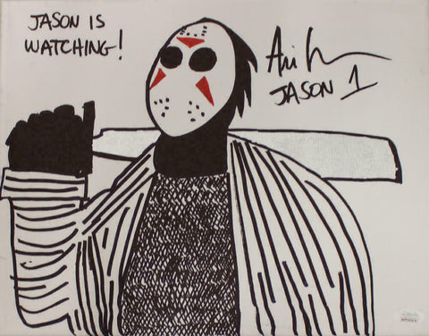 Ari Lehman Signed Friday The 13th Sketch 11x14 Canvas Jason's Watching JSA 22960
