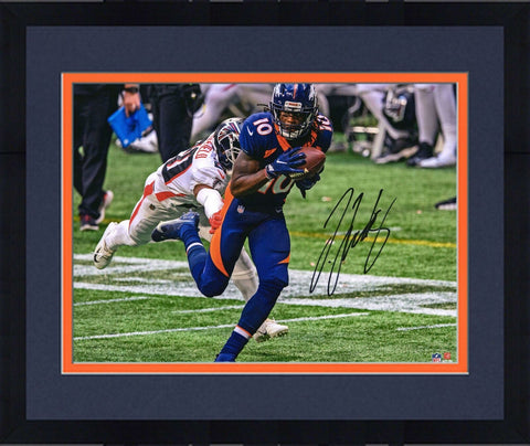Frmd Jerry Jeudy Broncos Signed 16" x 20" Navy Jersey Running After Catch Photo