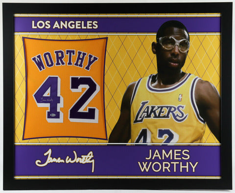 James Worthy Signed Lakers 35" x 43" Framed Jersey (Beckett Holo) 3xNBA Champ