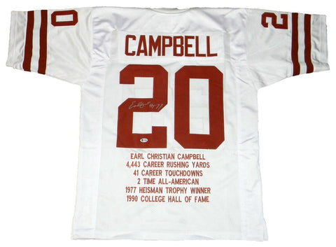 EARL CAMPBELL SIGNED AUTOGRAPHED TEXAS LONGHORNS #20 STAT JERSEY BAS W/ HT 77