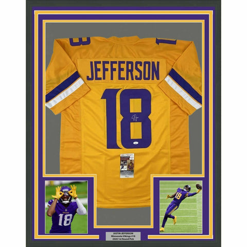 FRAMED Autographed/Signed JUSTIN JEFFERSON 33x42 Minnesota Yellow Jersey JSA COA