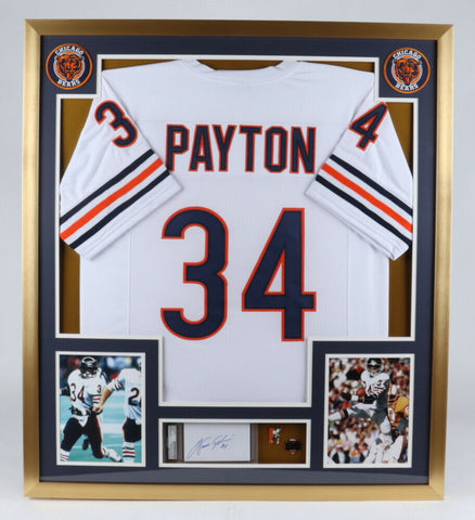 Walter Payton Signed 32x36 Custom Framed Cut Display wi/ Jersey & Bears Pins PSA