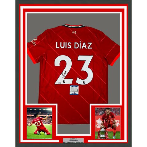 Framed Autographed/Signed Luis Diaz 33x42 Liverpool Red Soccer Jersey BAS COA