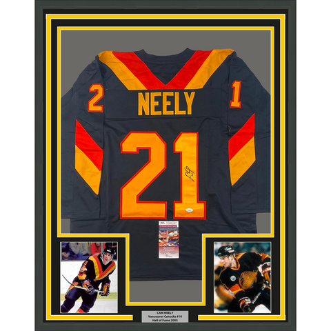Framed Autographed/Signed Cam Neely 33x42 Vancouver Black Hockey Jersey JSA COA