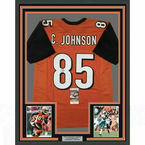 FRAMED Autographed/Signed CHAD JOHNSON 33x42 Cincinnati Orange Jersey JSA COA