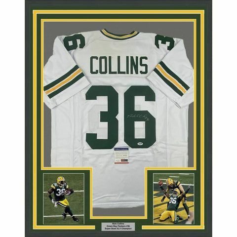 FRAMED Autographed/Signed NICK COLLINS 33x42 Green Bay White Jersey PSA/DNA COA