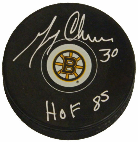 GERRY CHEEVERS Signed Boston Bruins Logo Hockey Puck w/HOF 85 - SCHWARTZ