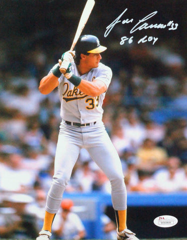 Jose Canseco Autographed Oakland 8x10 Swinging Photo W/ 86 ROY- JSA W *White