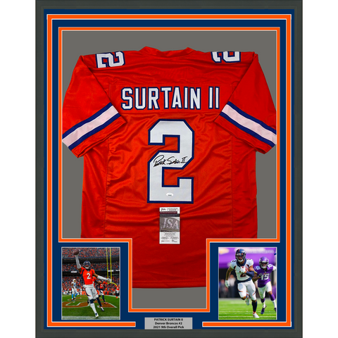 Framed Autographed/Signed Patrick Surtain II 33x42 Retro Orange Jersey JSA COA