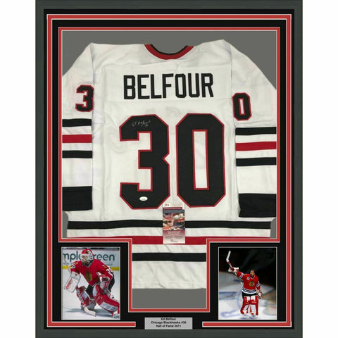 FRAMED Autographed/Signed ED BELFOUR 33x42 Chicago White Hockey Jersey JSA COA