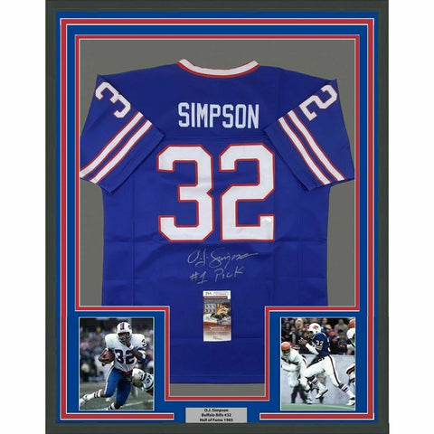FRAMED Autographed/Signed OJ O.J. SIMPSON 33x42 #1 Pick Blue Jersey JSA COA