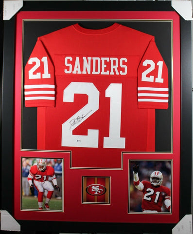 DEION SANDERS (49ers red TOWER) Signed Autographed Framed Jersey Beckett