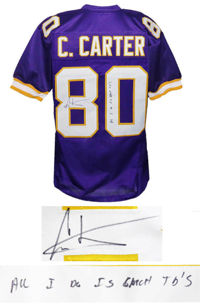 Cris Carter Signed Purple Custom Football Jersey w/All I Do Is Catch TD's - SS