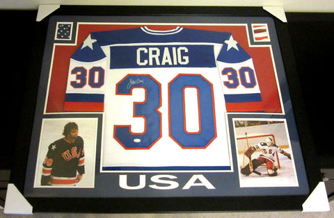 Jim Craig Signed Team USA 35x43 Framed Jersey (JSA COA) 1980 Gold Medal Goalie