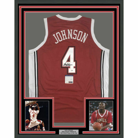 FRAMED Autographed/Signed LARRY JOHNSON 33x42 UNLV Red Jersey PSA/DNA COA Auto