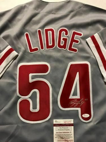 Autographed/Signed BRAD LIDGE Philadelphia Grey Baseball Jersey JSA COA Auto