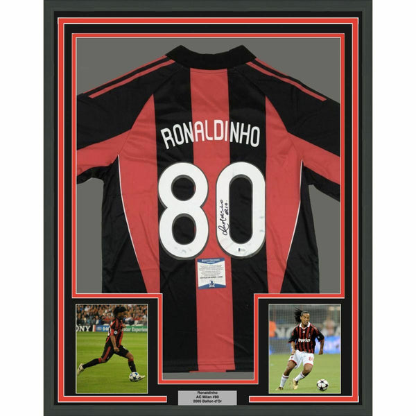 FRAMED Autographed/Signed RONALDINHO 33x42 AC Milan Red/Black