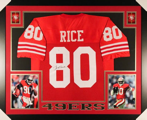 Jerry Rice Signed San Francisco 49ers 35x43 Custom Framed Jersey (PSA COA)