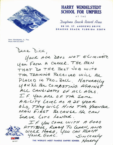 Harry Wendelstedt Signed 8.5x11 Hand Written Letter On School Letterhead PSA/DNA