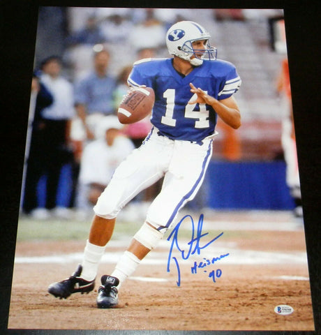 TY DETMER AUTOGRAPHED SIGNED BYU COUGARS 16x20 PHOTO BECKETT W/ HEISMAN 90
