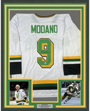 FRAMED Autographed/Signed MIKE MODANO 33x42 White Hockey Jersey Beckett COA