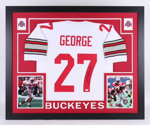 Eddie George Signed Ohio State Buckeyes 35 x 43 Framed White Jersey / JSA COA