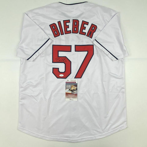 Autographed/Signed SHANE BIEBER Cleveland White Baseball Jersey JSA COA Auto