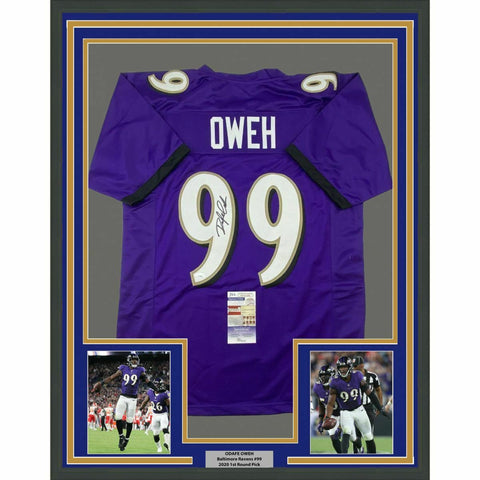 FRAMED Autographed/Signed ODAFE OWEH 33x42 Purple Football Jersey JSA COA