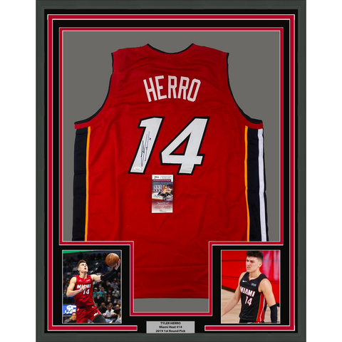 Framed Autographed/Signed Tyler Herro 33x42 Miami Red Basketball Jersey JSA COA
