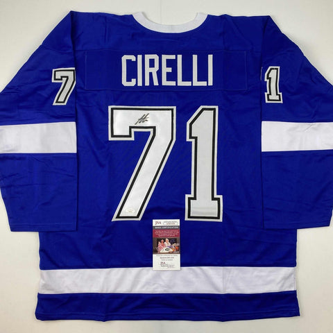 Autographed/Signed Anthony Cirelli Tampa Bay Blue Hockey Jersey JSA COA