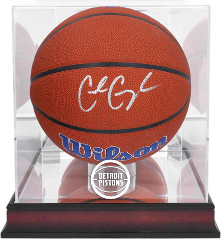 Cade Cunningham Pistons Signed Wilson Team Ball w/Mahogany Logo Display Case