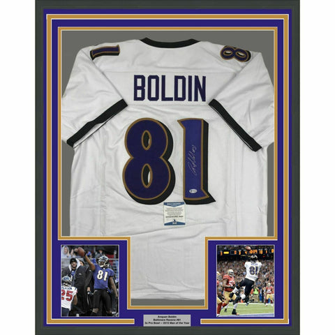 FRAMED Autographed/Signed ANQUAN BOLDIN 33x42 Baltimore White Jersey Beckett COA