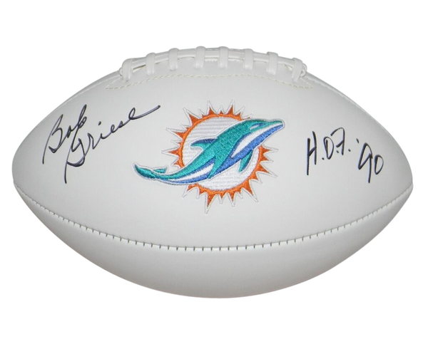 BOB GRIESE AUTOGRAPHED SIGNED MIAMI DOLPHINS WHITE LOGO FOOTBALL JSA W/ HOF 90