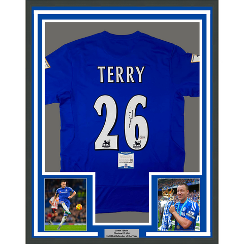 Framed Autographed/Signed John Terry 33x42 Chelsea FC Blue Soccer Jersey BAS COA