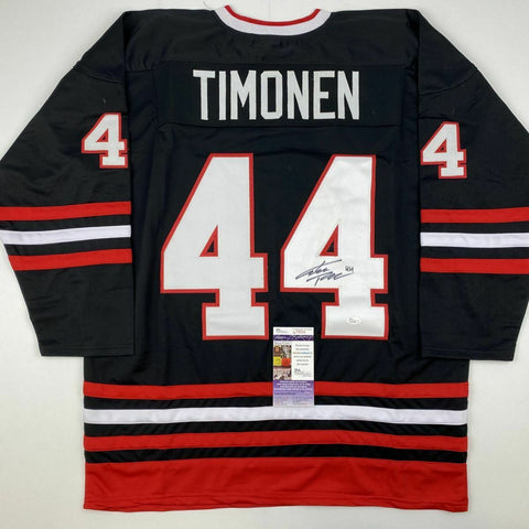 Autographed/Signed KIMMO TIMONEN Chicago Black Hockey Jersey JSA COA Auto