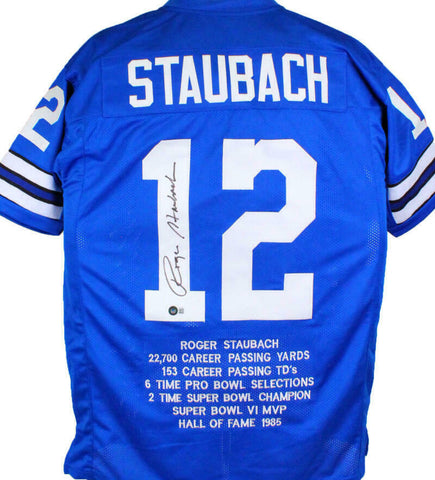 Roger Staubach Autographed Blue Pro Style STAT Jersey- Beckett W Hologram *Black