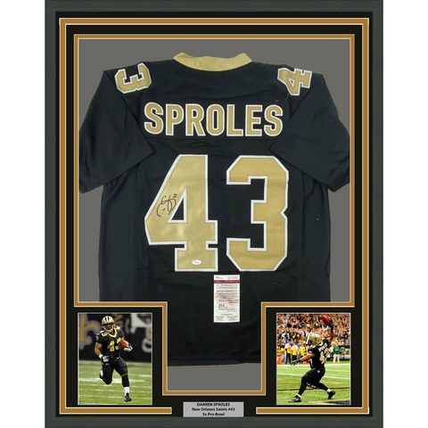Framed Autographed/Signed Darren Sproles 33x42 New Orleans Black Jersey JSA CO