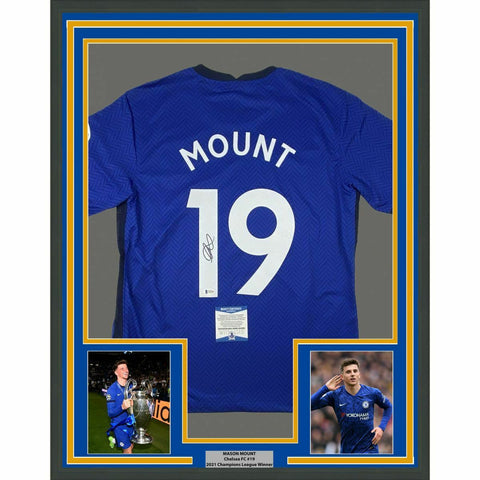 FRAMED Autographed/Signed MASON MOUNT 33x32 Chelsea FC Blue Jersey BAS COA #2